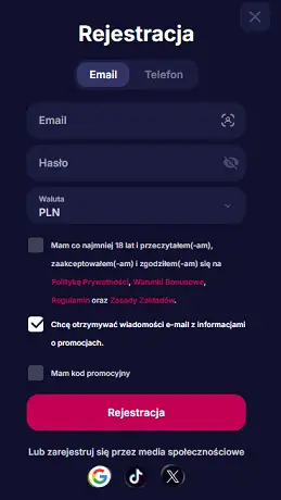 Menu rejestracji